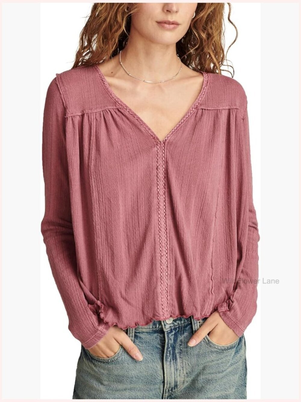V-Neck Long Sleeve Tunic with Ladder Trim, Lightweight Polyester Blend